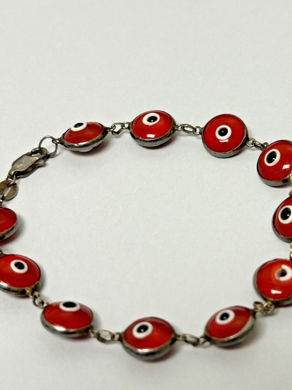 Red Evil Eye Bracelet Sterling Silver Glass Beads Round Link Nazar 7"